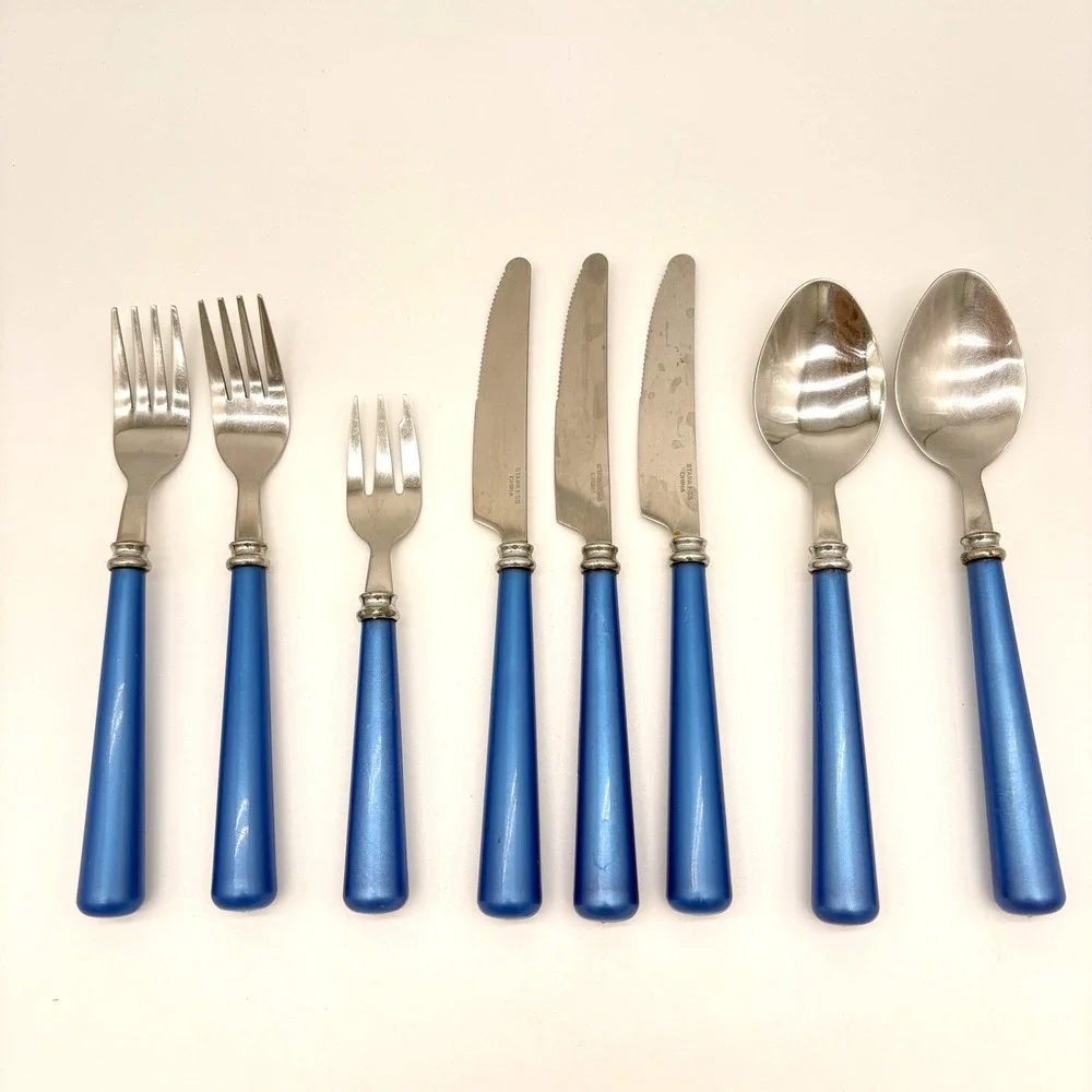 VTG Cobalt Blue Metallic Flatware Set Mismatched Stainless Steel Utensils 8pc